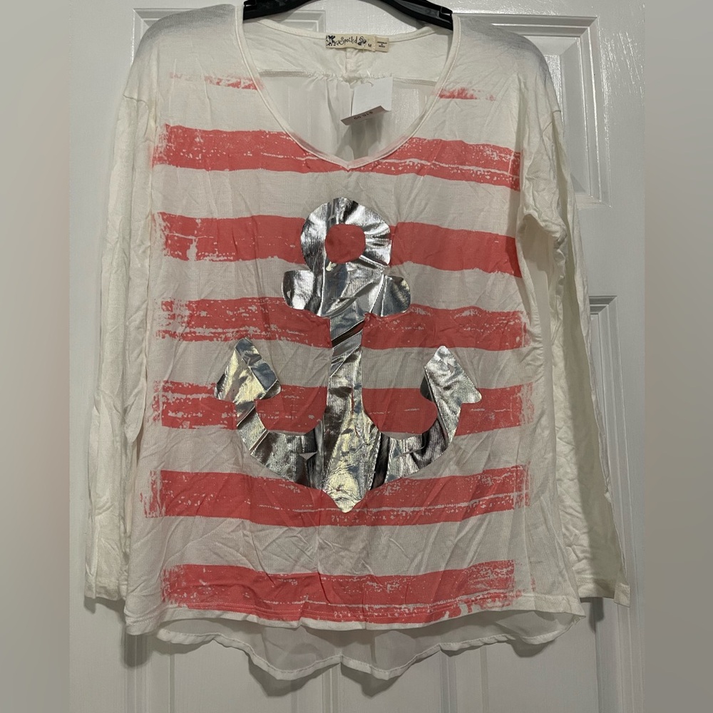 Spoiled White and Coral Striped Top with Silver Anchor
